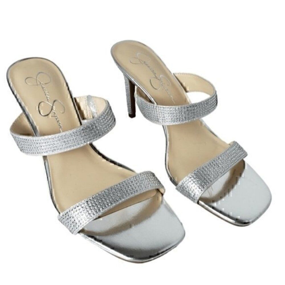 Jessica Simpson Omana Strappy Silver Rhinestone Heels Sandals Shoes Size 8